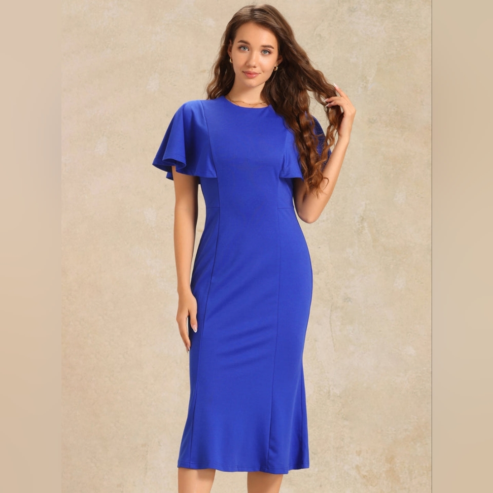 Allegra‎ K Ruffle Sleeve Round Neck Cocktail Work Midi Sheath Dress ROYAL BLUE L